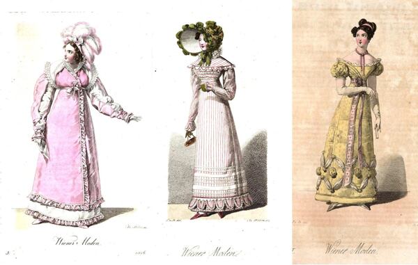 Illustrationen aus der Modebeilage der Wiener Zeitschrift. Von links nach rechts: 1816, 1820, 1821.